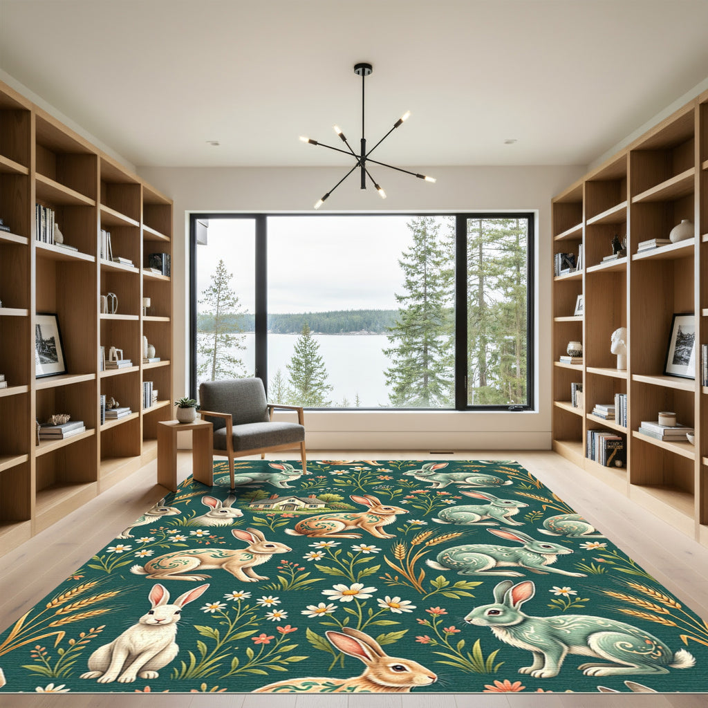 Whimsical Sage Green Folk Rabbit Meadow Rug