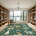 Whimsical Sage Green Folk Rabbit Meadow Rug