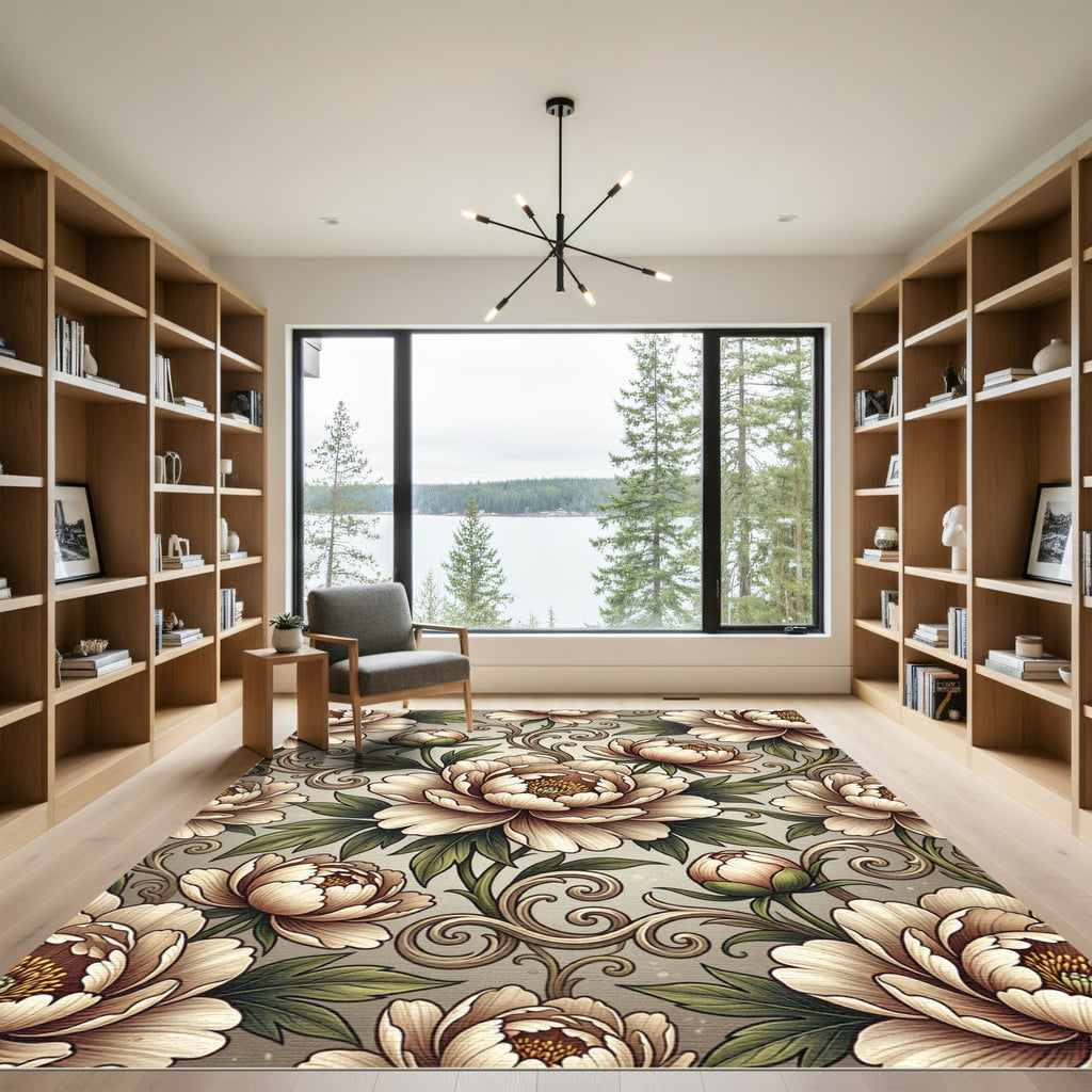 Elegant Cream Peony Floral Scrollwork Rug