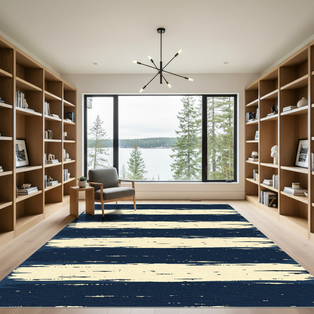 Navy and Cream Distressed Horizontal Stripes Rug