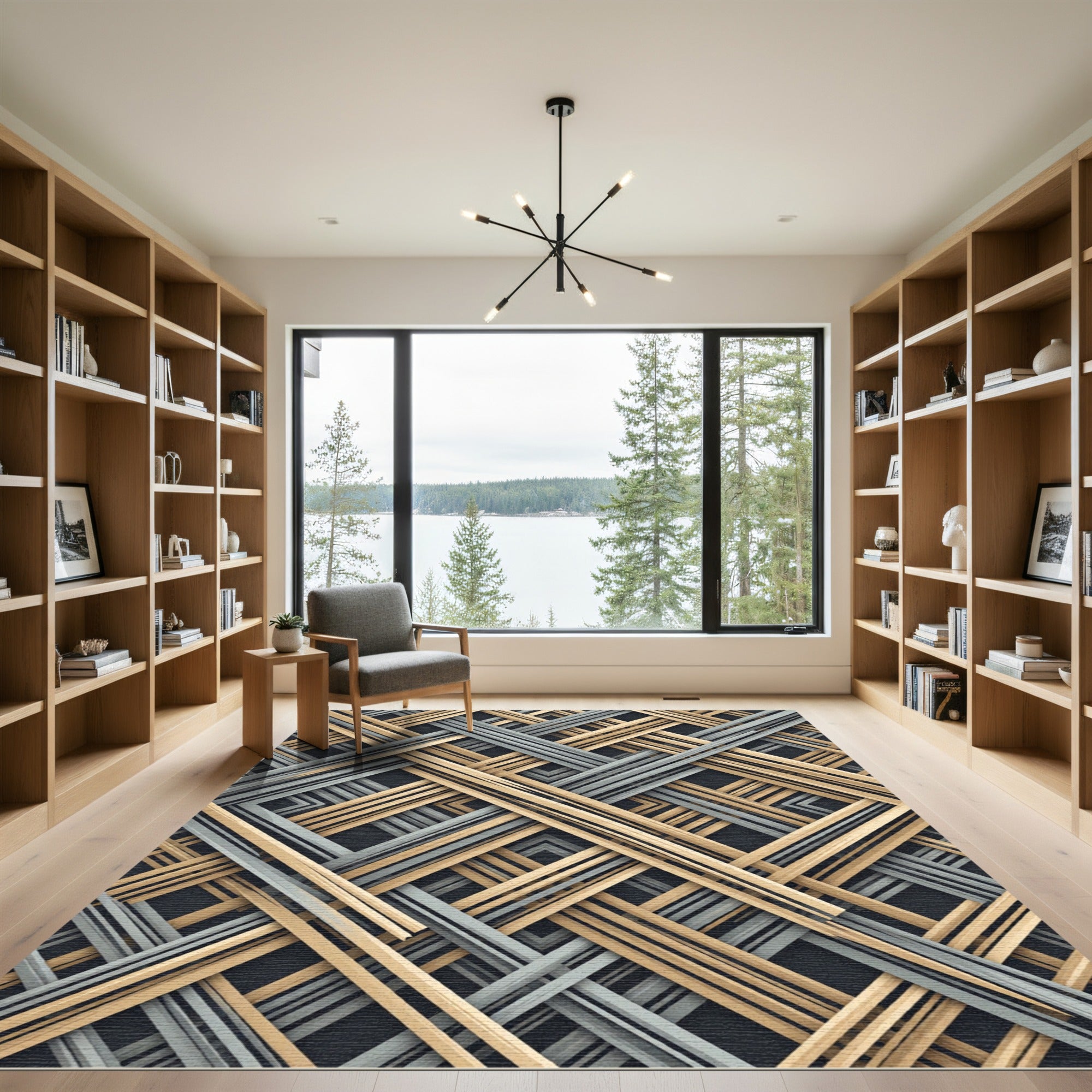 Modern Gold and Gray Intersecting Lattice Rug