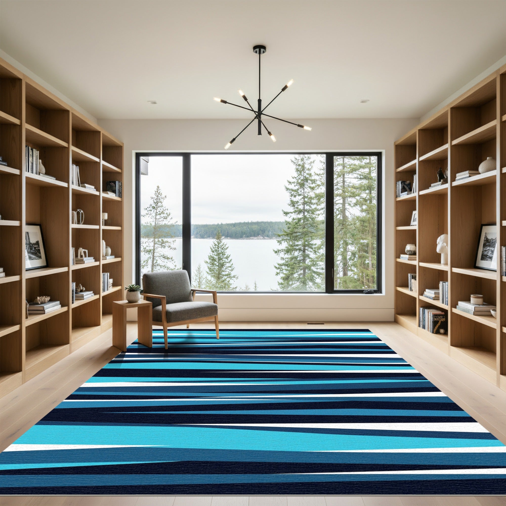 Ocean Blue Abstract Linear Wave Rug