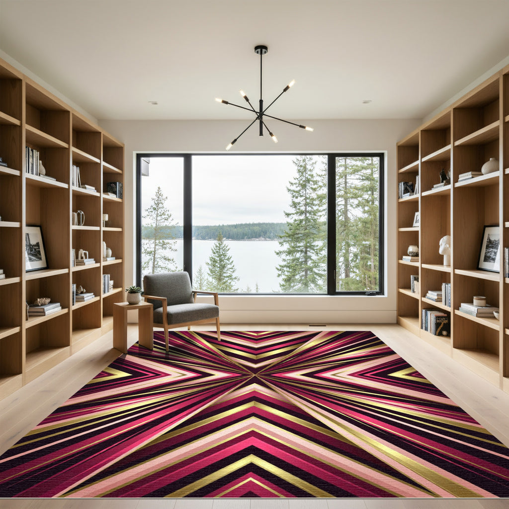 Luxurious Gold and Magenta Geometric Radiance Rug