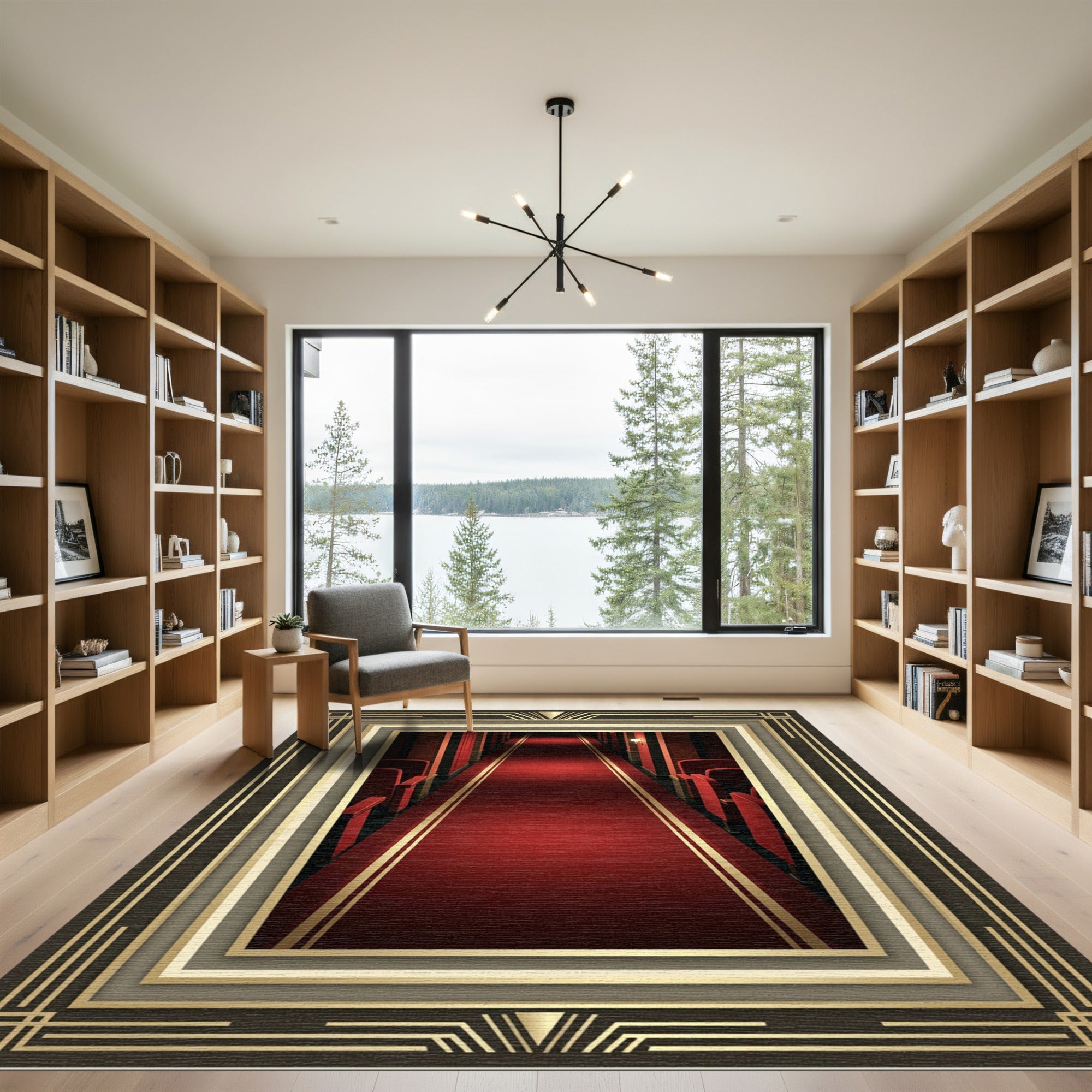 Art Deco Crimson Hallway Bordered Rug