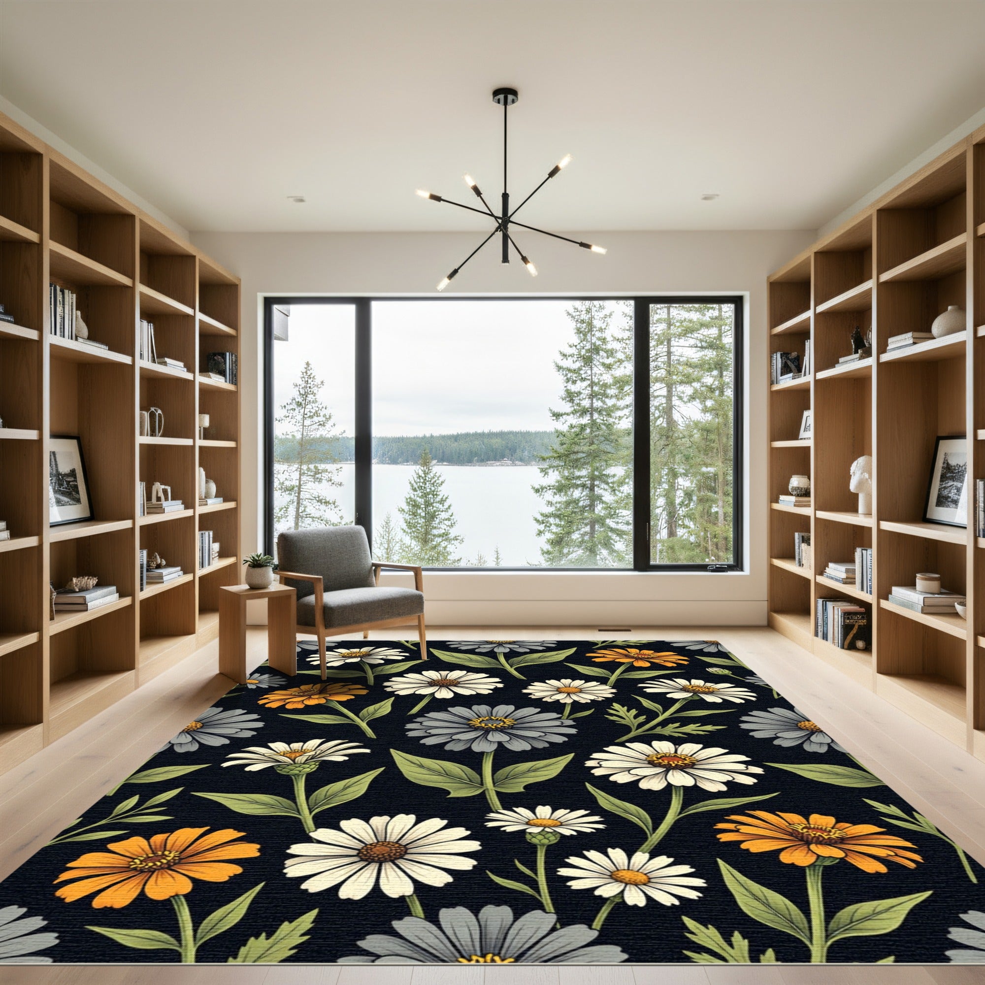 Dark Floral Meadow Botanical Art Rug