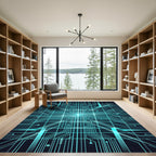 Luminous Cyan Cyber Circuit Grid Rug