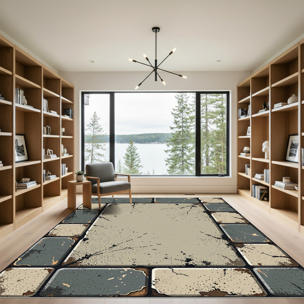 Distressed Grey Tan Concrete Tile Rug