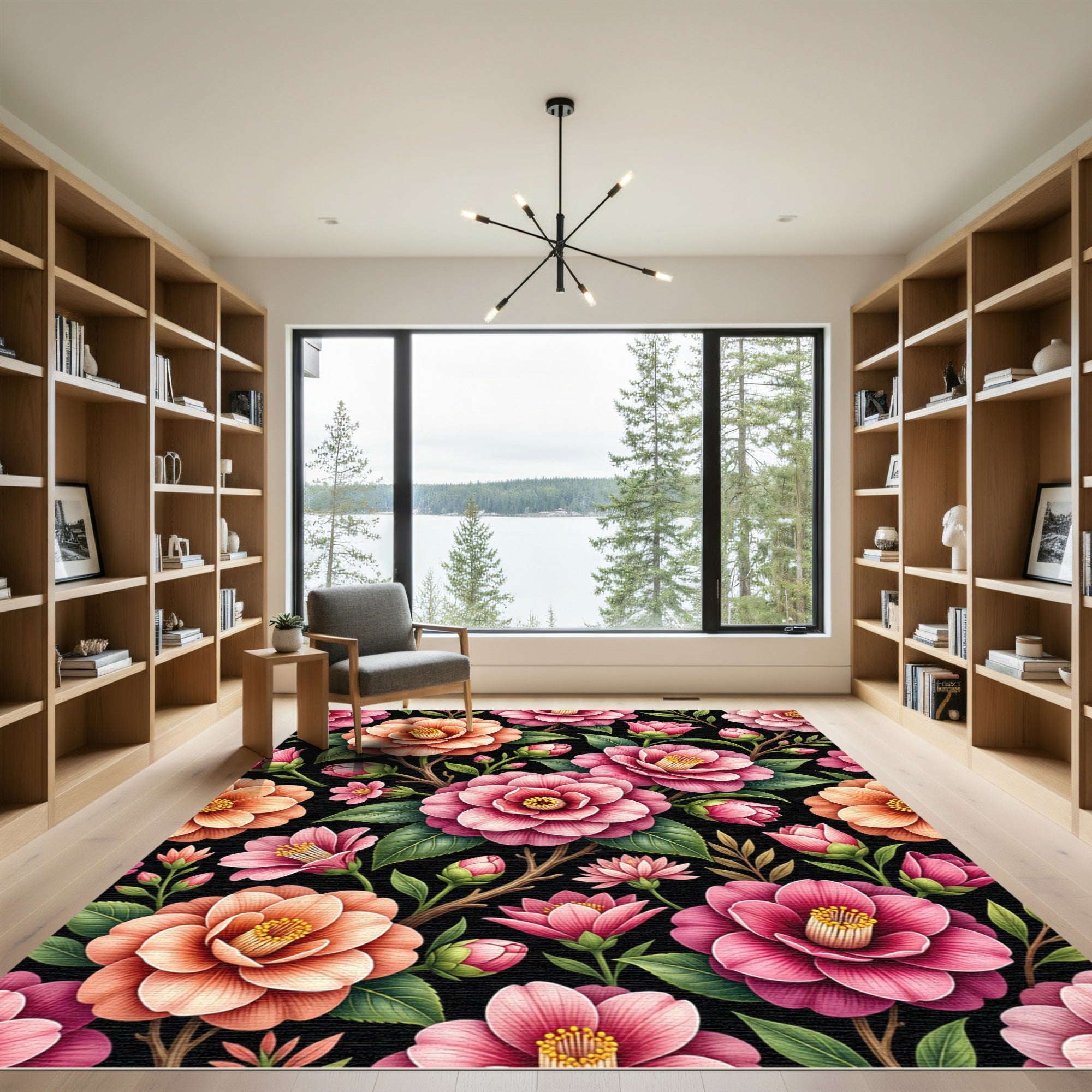 Vibrant Pink and Peach Camellia Garden Rug