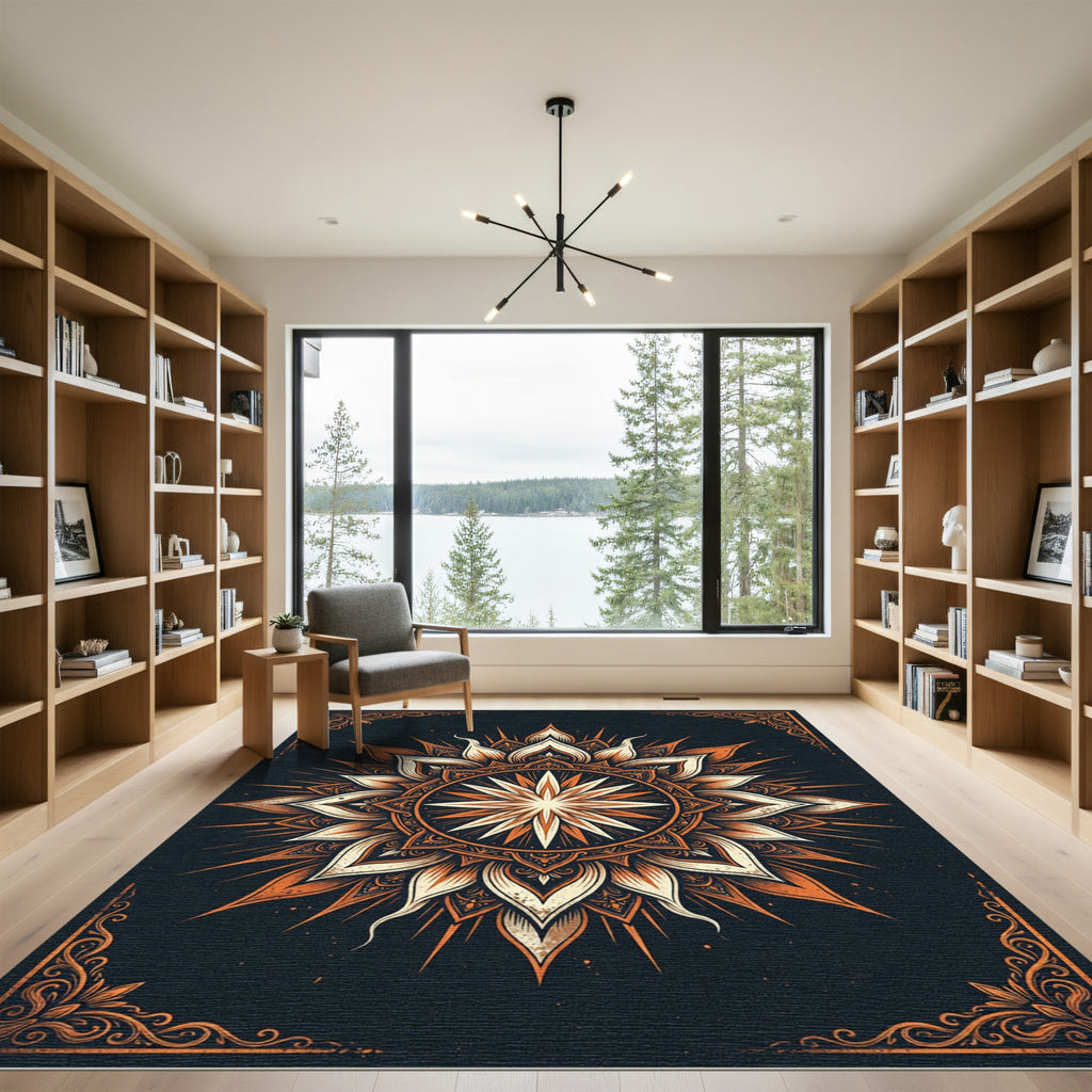 Ornate Terracotta Black Celestial Sun Medallion Rug