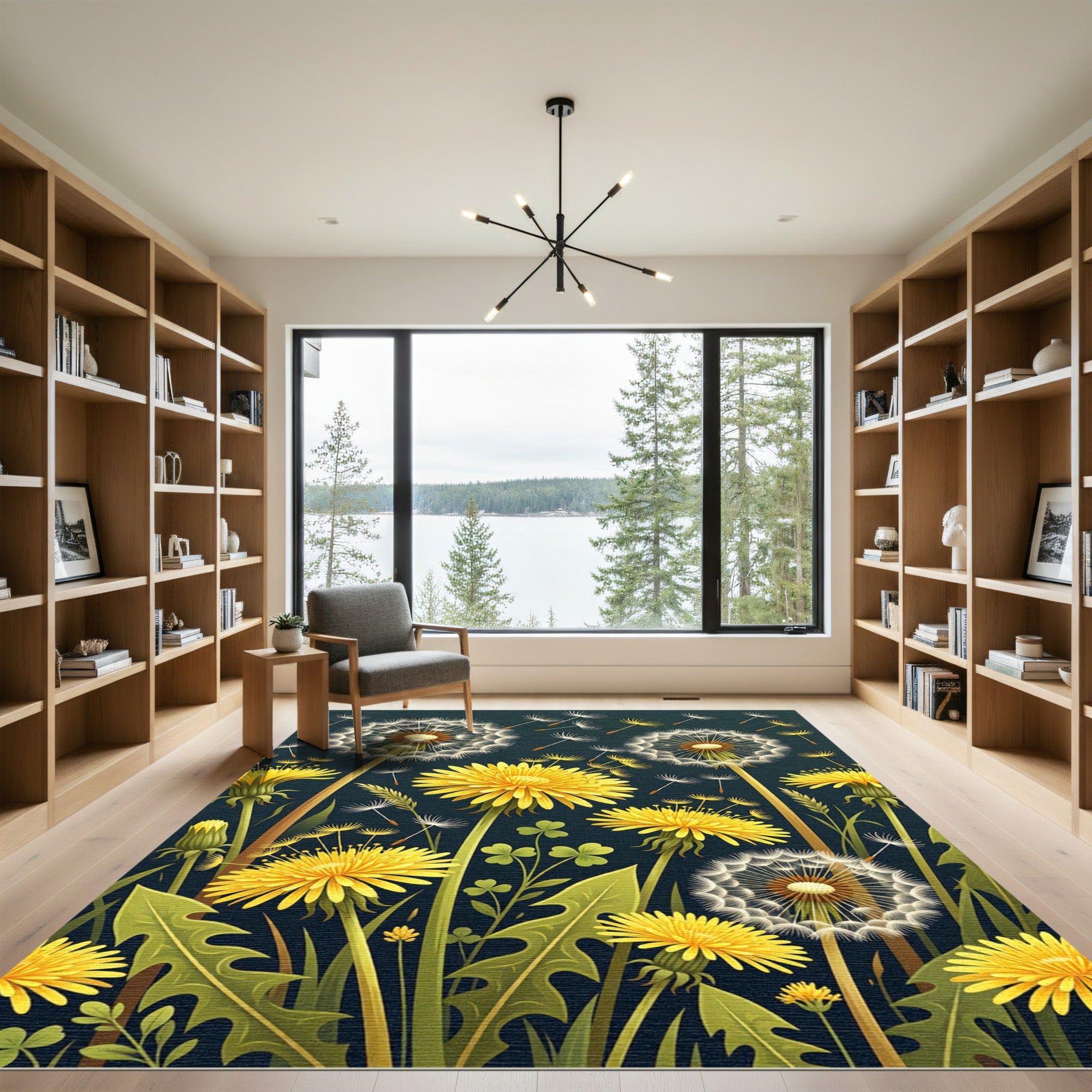 Golden Dandelion Garden on Midnight Blue Rug