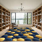 Modern Navy and Golden Hexagon Geometric Rug