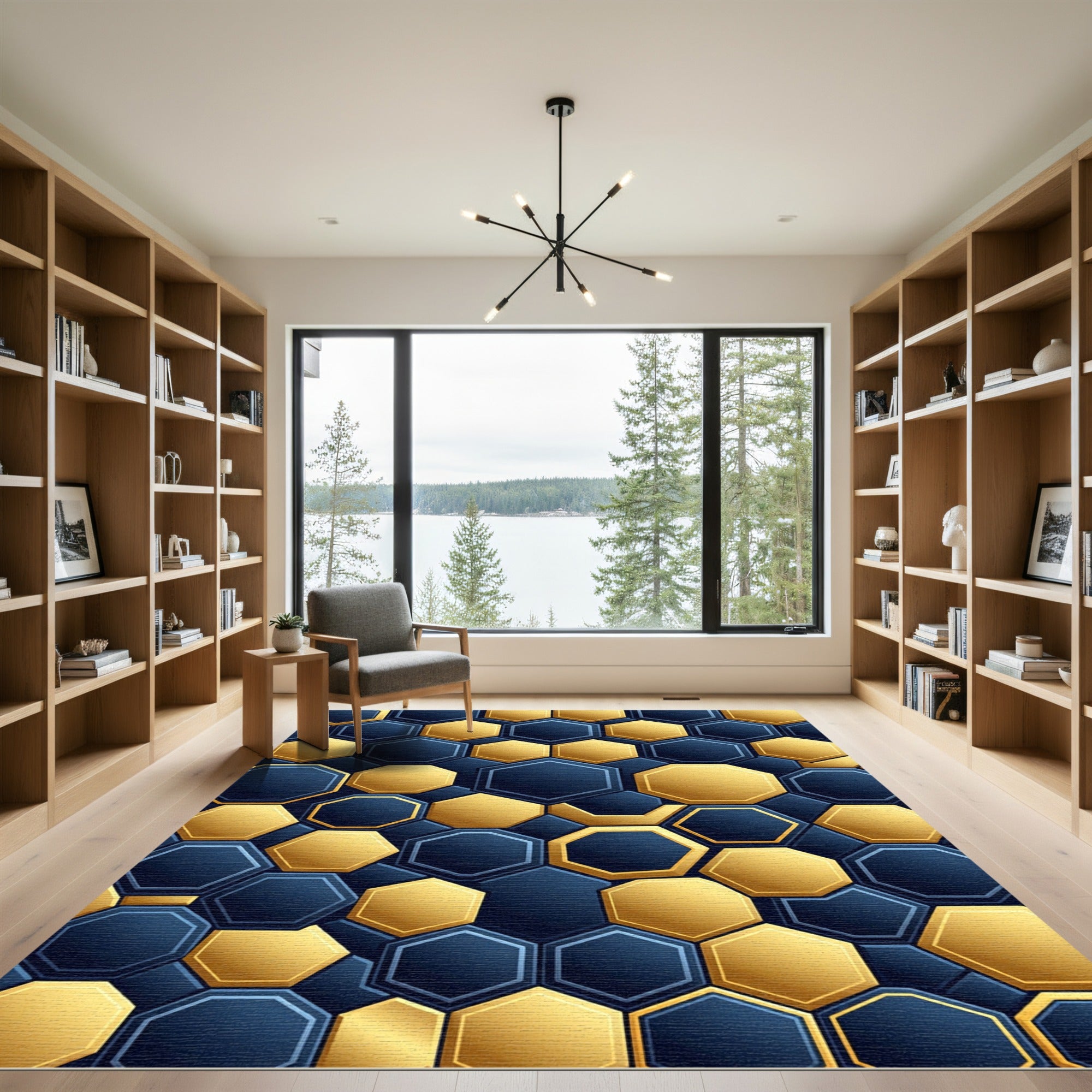 Modern Navy and Golden Hexagon Geometric Rug