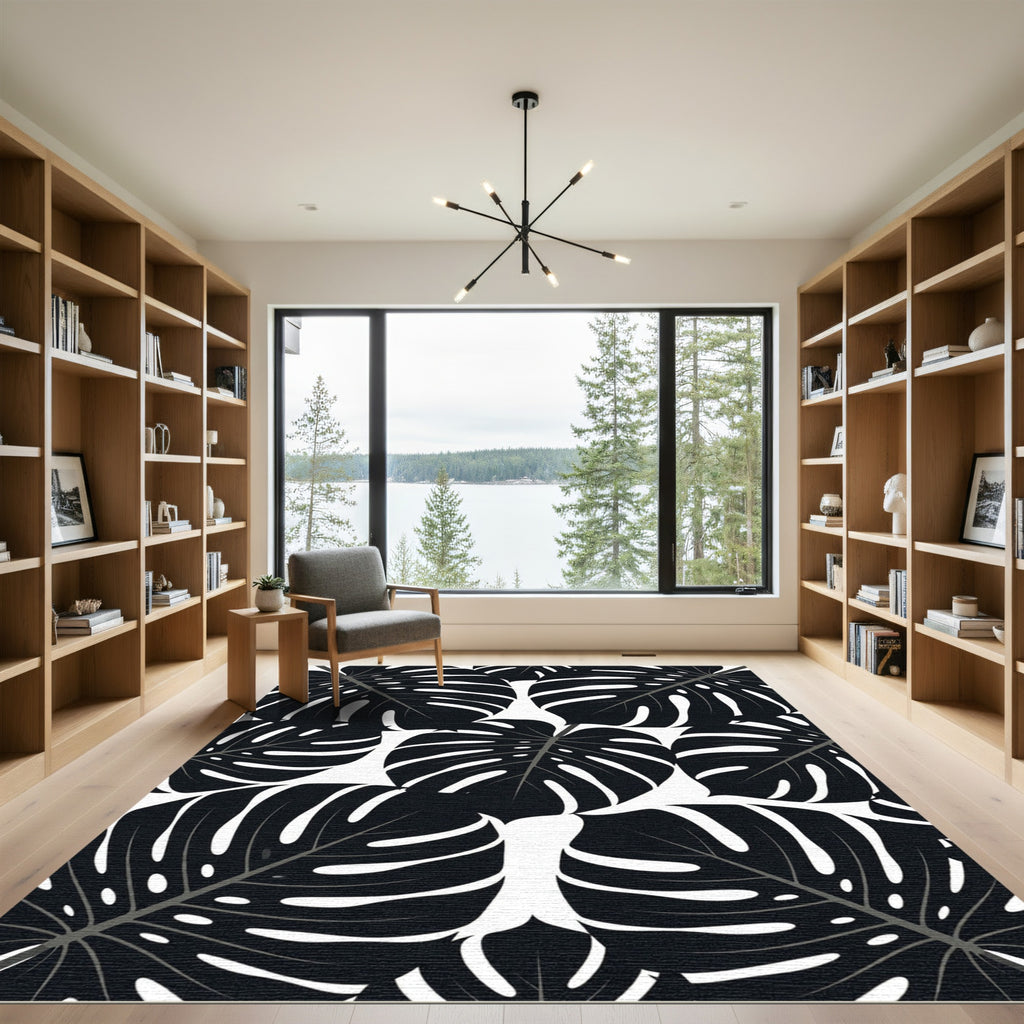 Monstera Black White Leafy Foliage Rug