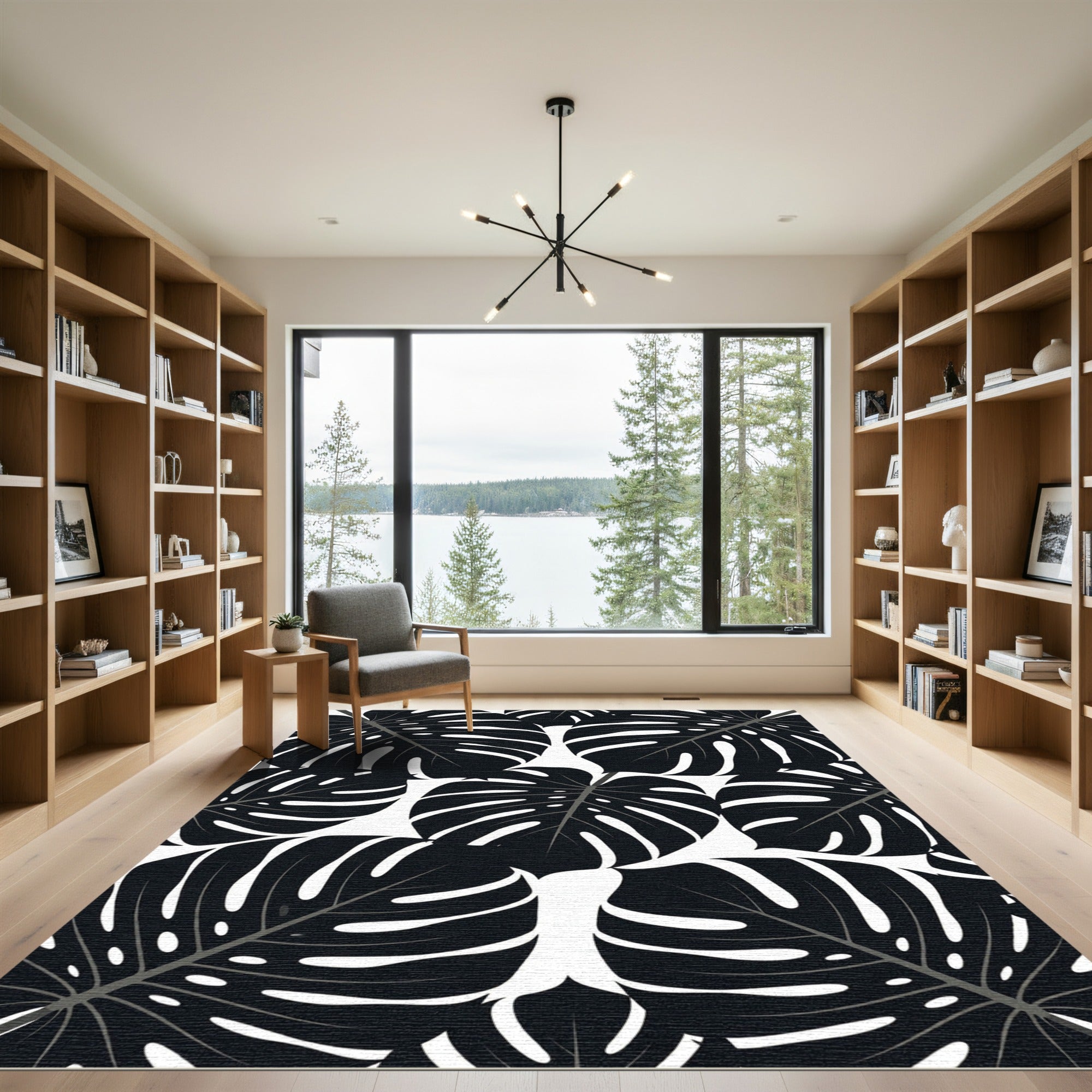 Monstera Black White Leafy Foliage Rug