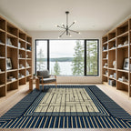 Japanese Wood Texture Navy Striped Border Rug