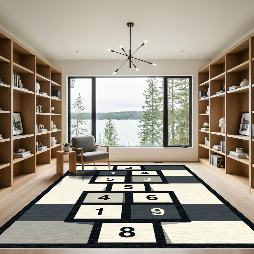 Monochrome Geometric Number Grid Rug