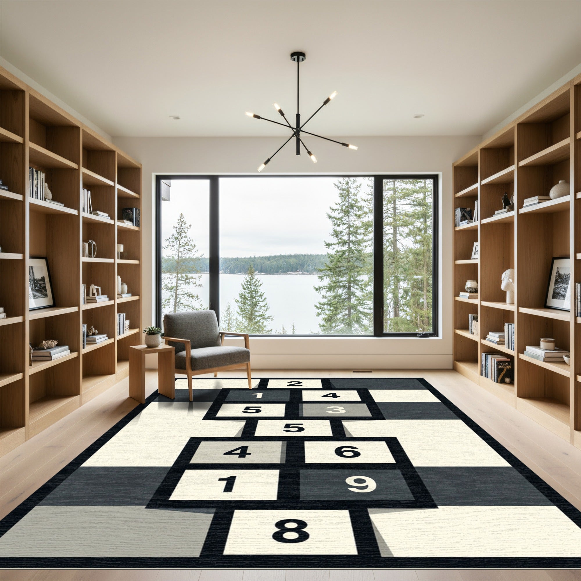 Monochrome Geometric Number Grid Rug