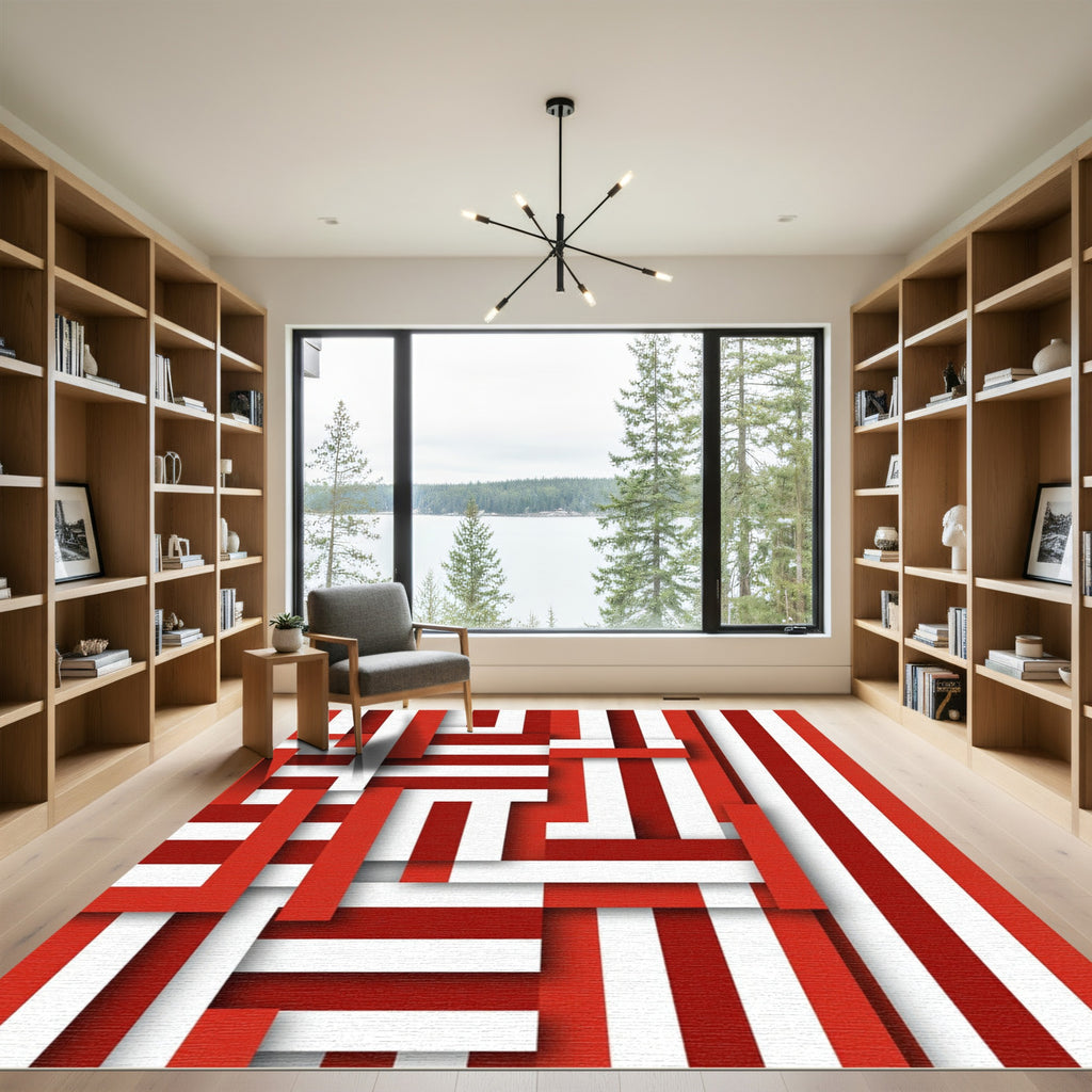 Red White Interlocking Stripe Arrangement Rug