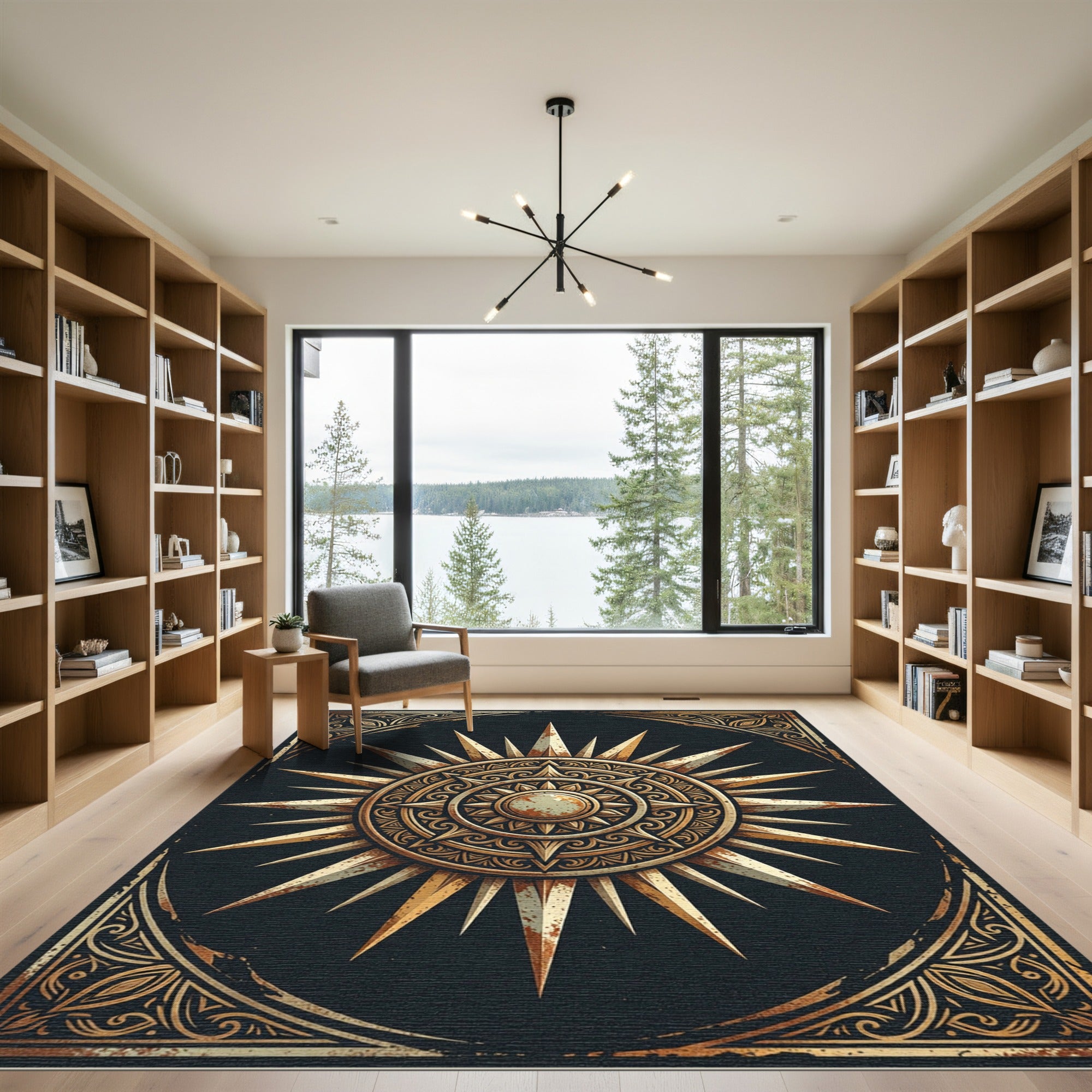 Antique Gold Sunburst Celestial Medallion Rug