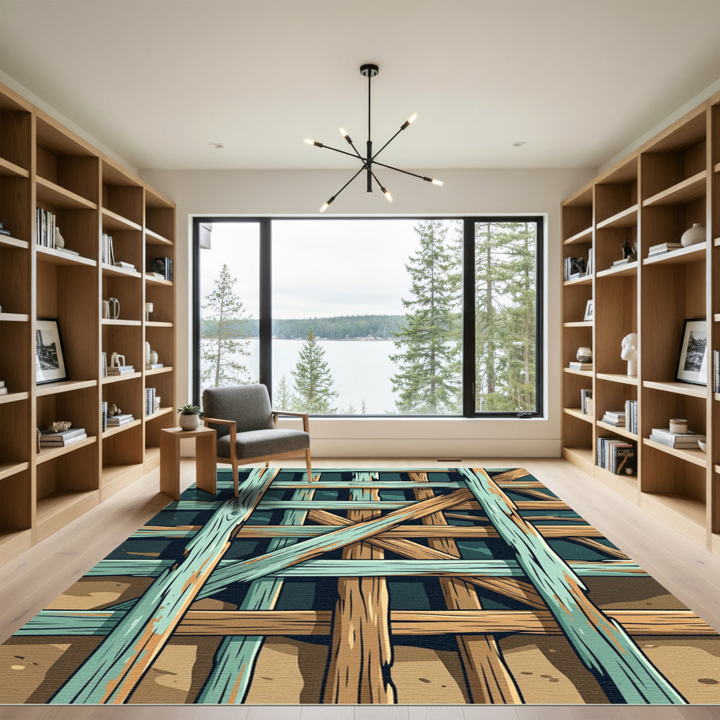 Rustic Teak Aqua Slatted Grid Rug