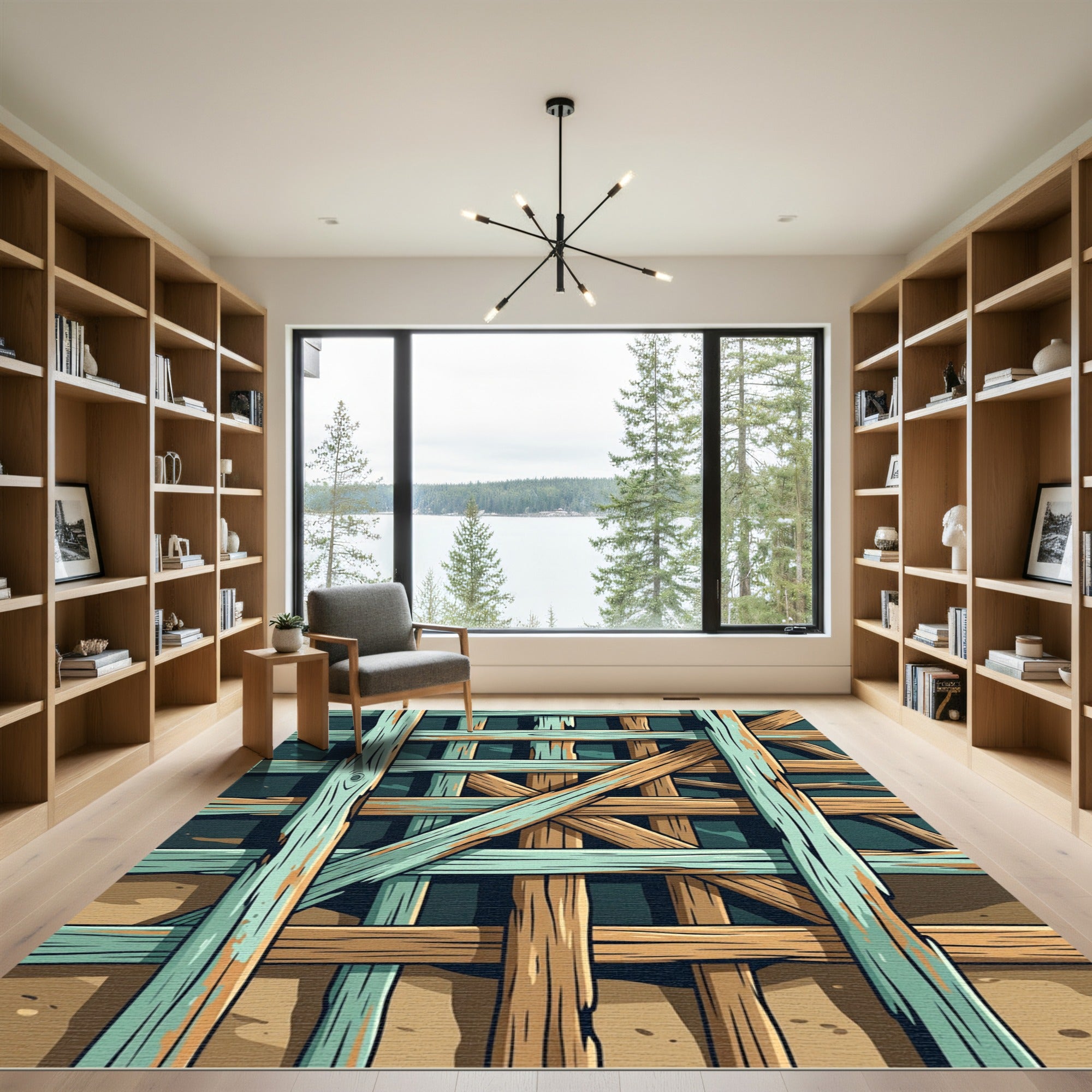 Rustic Teak Aqua Slatted Grid Rug