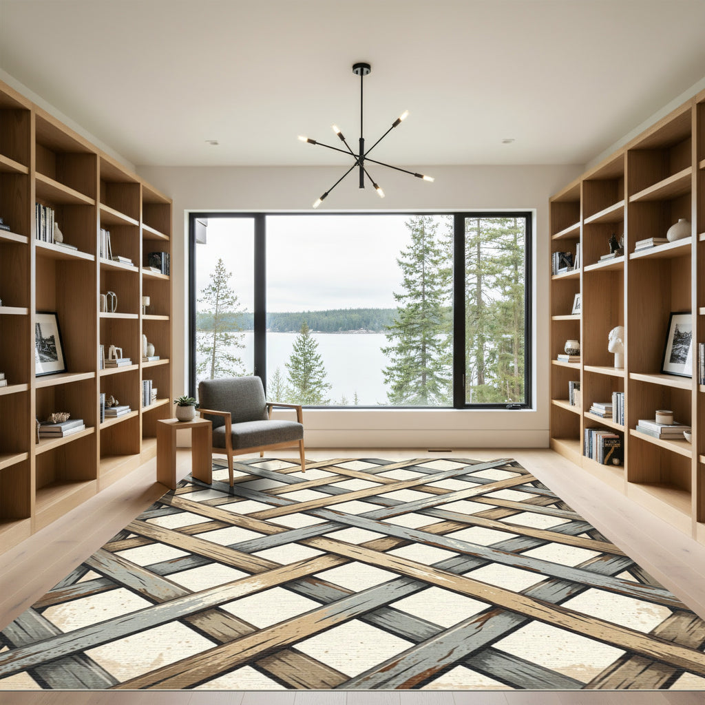Rustic Wood Lattice Diagonal Pattern Rug