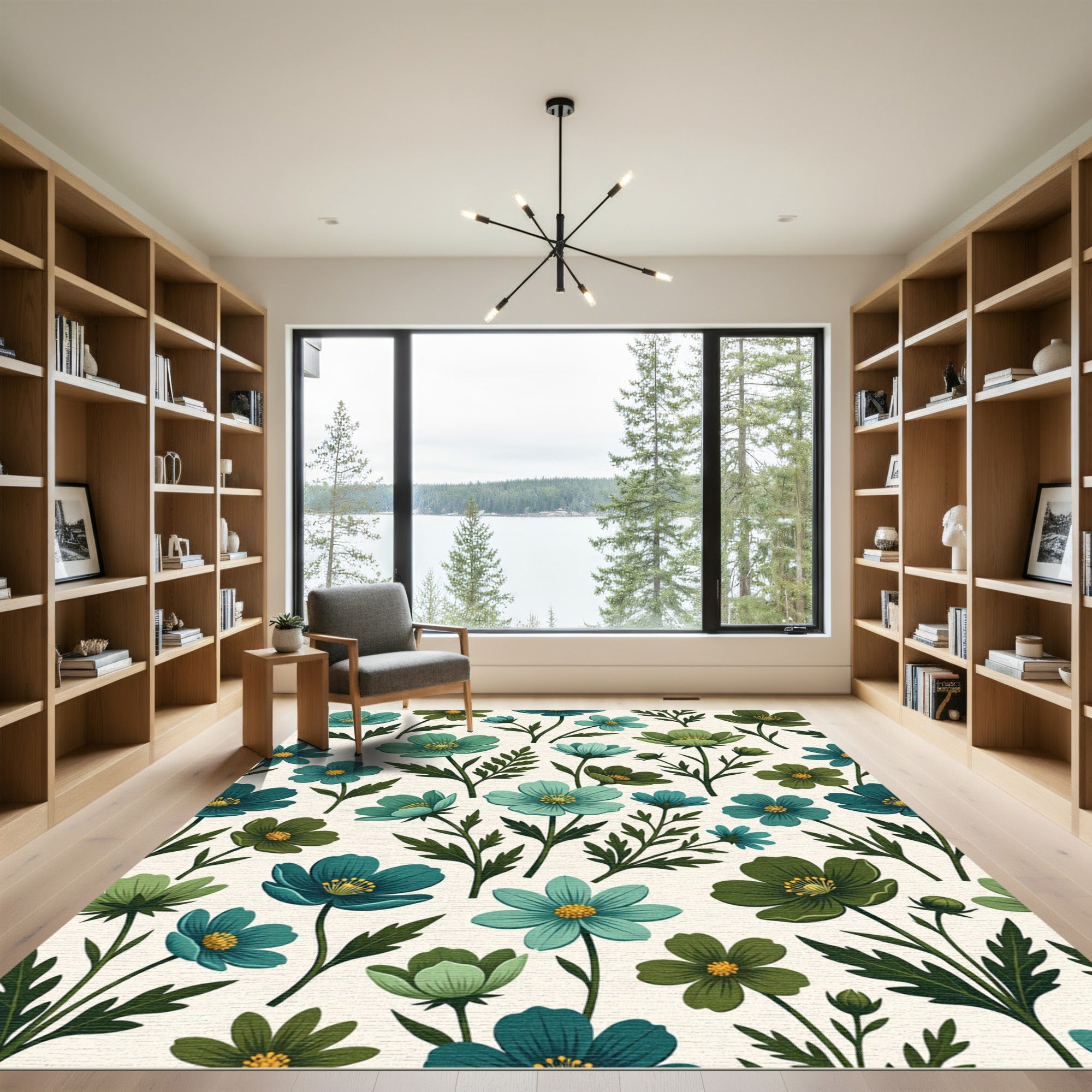 Teal Green Floral Botanical Composition Rug