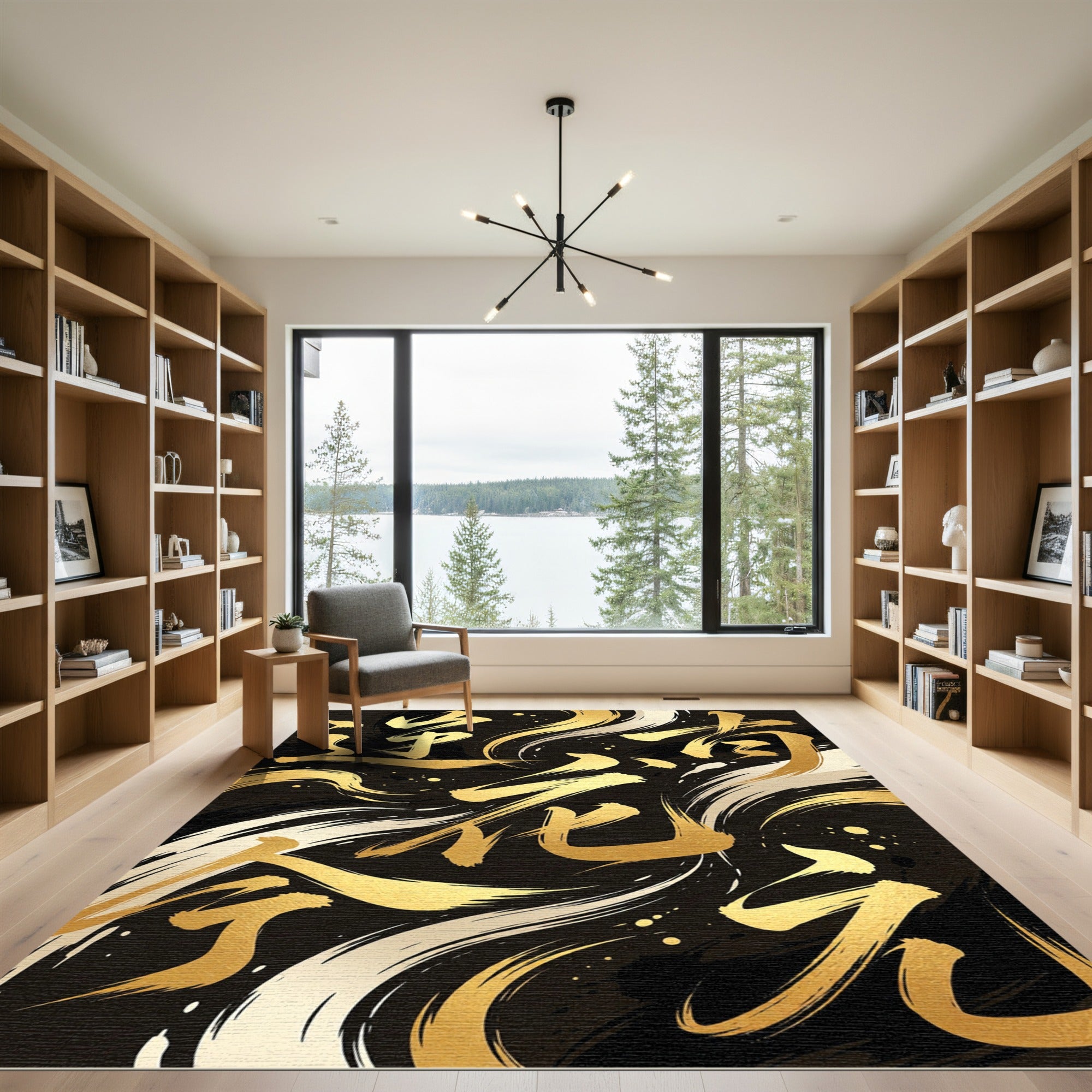 Golden Calligraphy Abstract Brush Stroke Rug