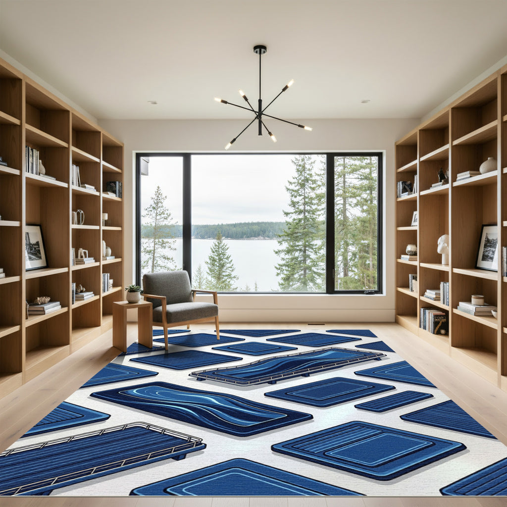 Modern Navy Abstract Fluid Wave Rug