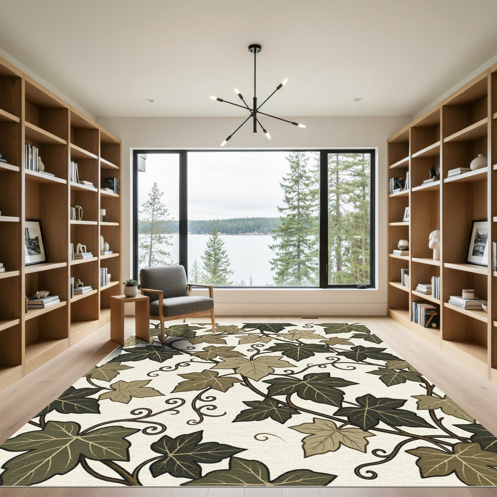 Earthy Green Ivy Leaf Botanical Vine Rug