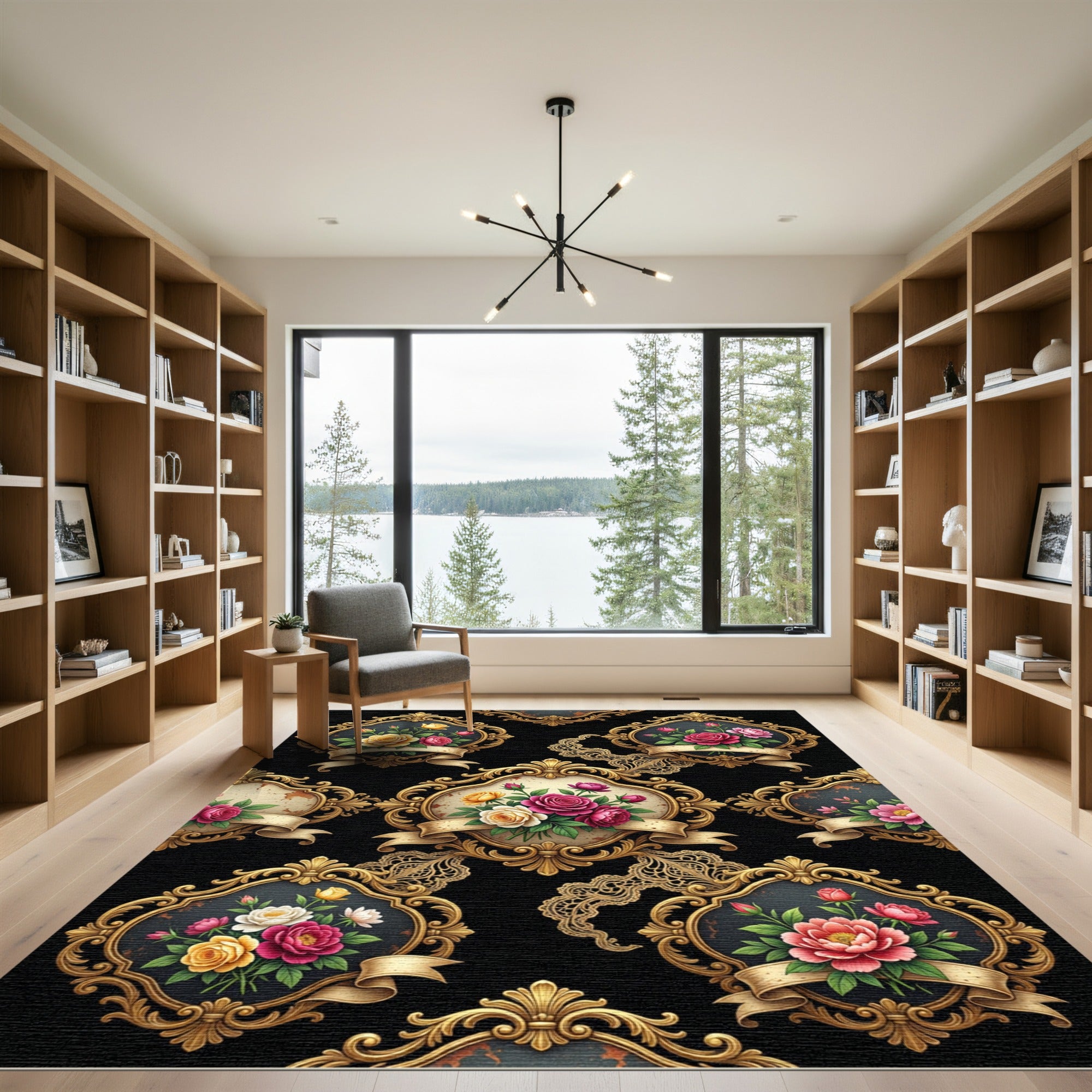 Victorian Golden Frame Floral Rose Bouquet Rug