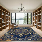 Midnight Blue Ornate Gold Floral Medallion Rug