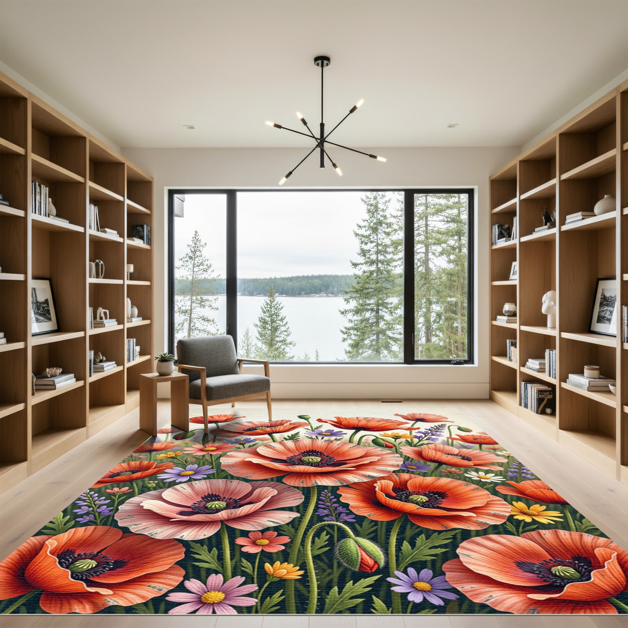 Vibrant Poppy Meadow Wildflower Field Rug