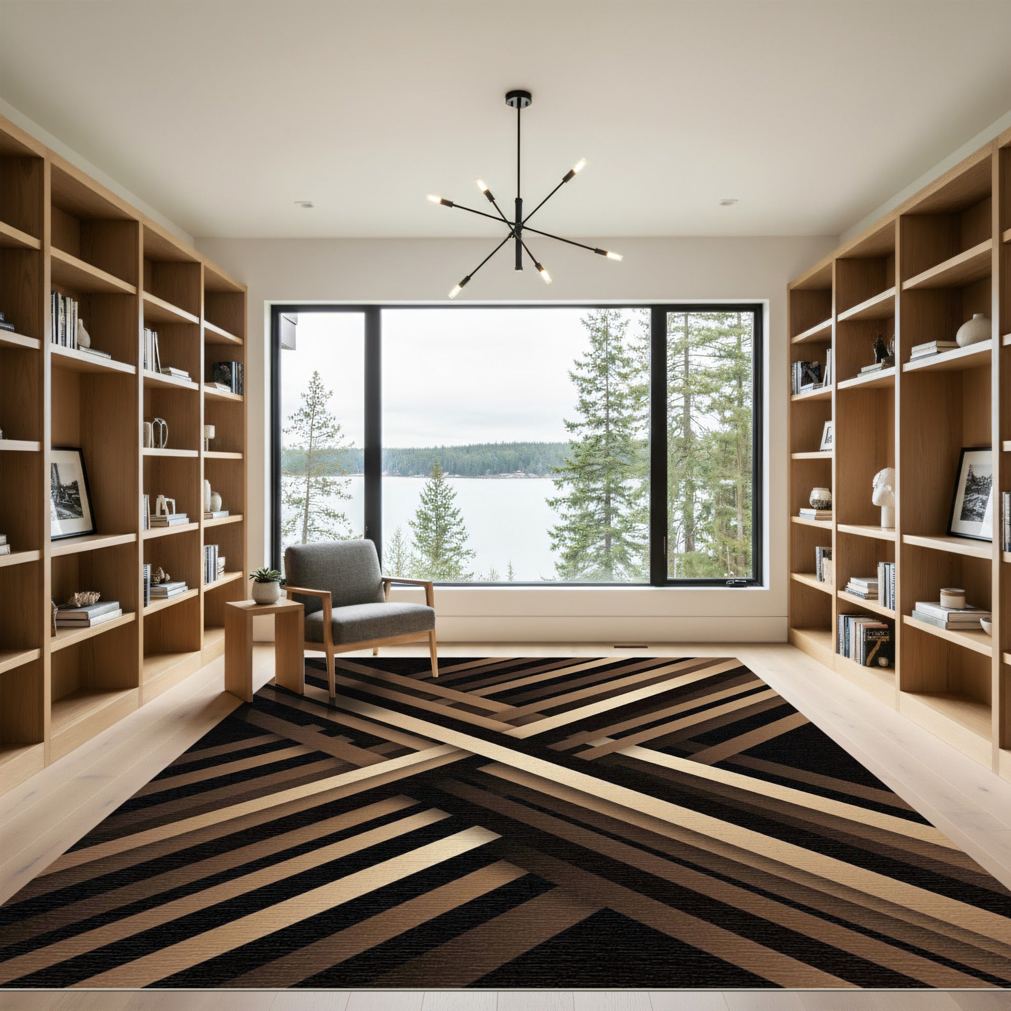 Modern Bronze Intersecting Linear Abstract Rug