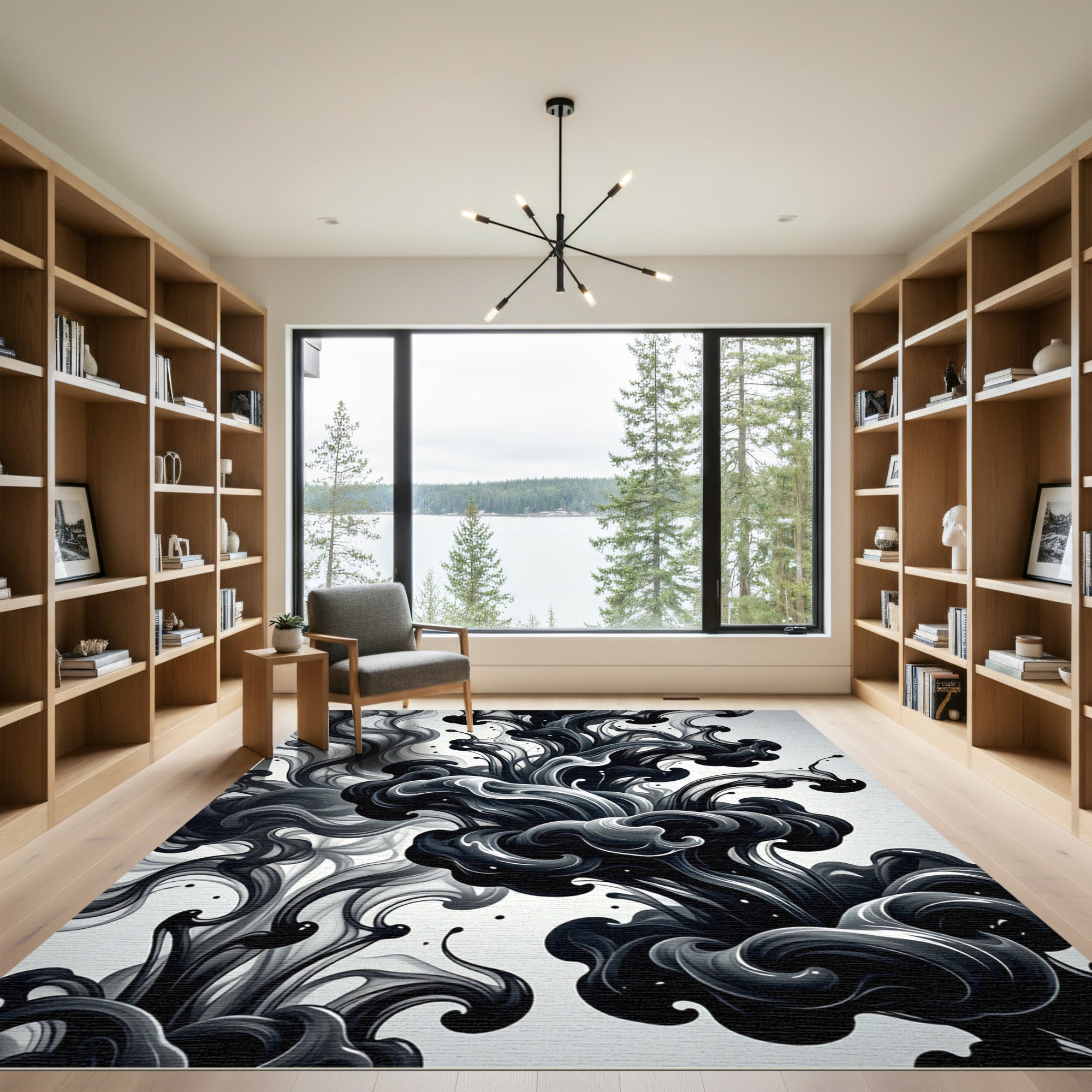 Monochrome Ink Swirl Abstract Composition Rug