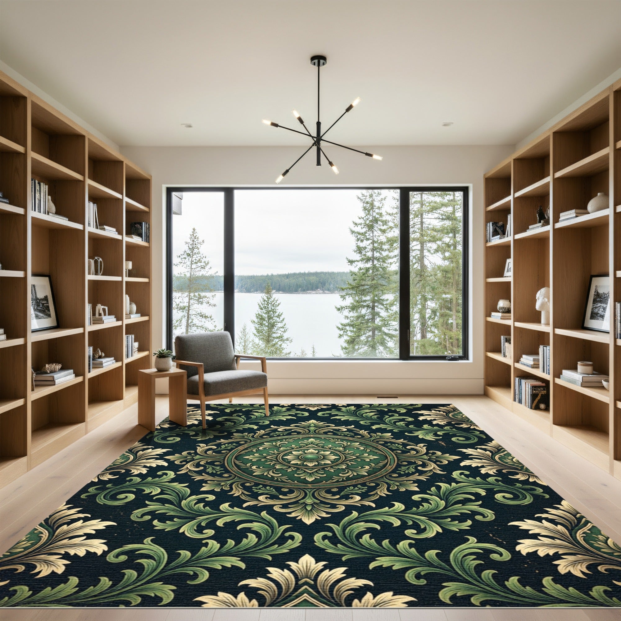 Elegant Emerald Green Baroque Medallion Scroll Rug