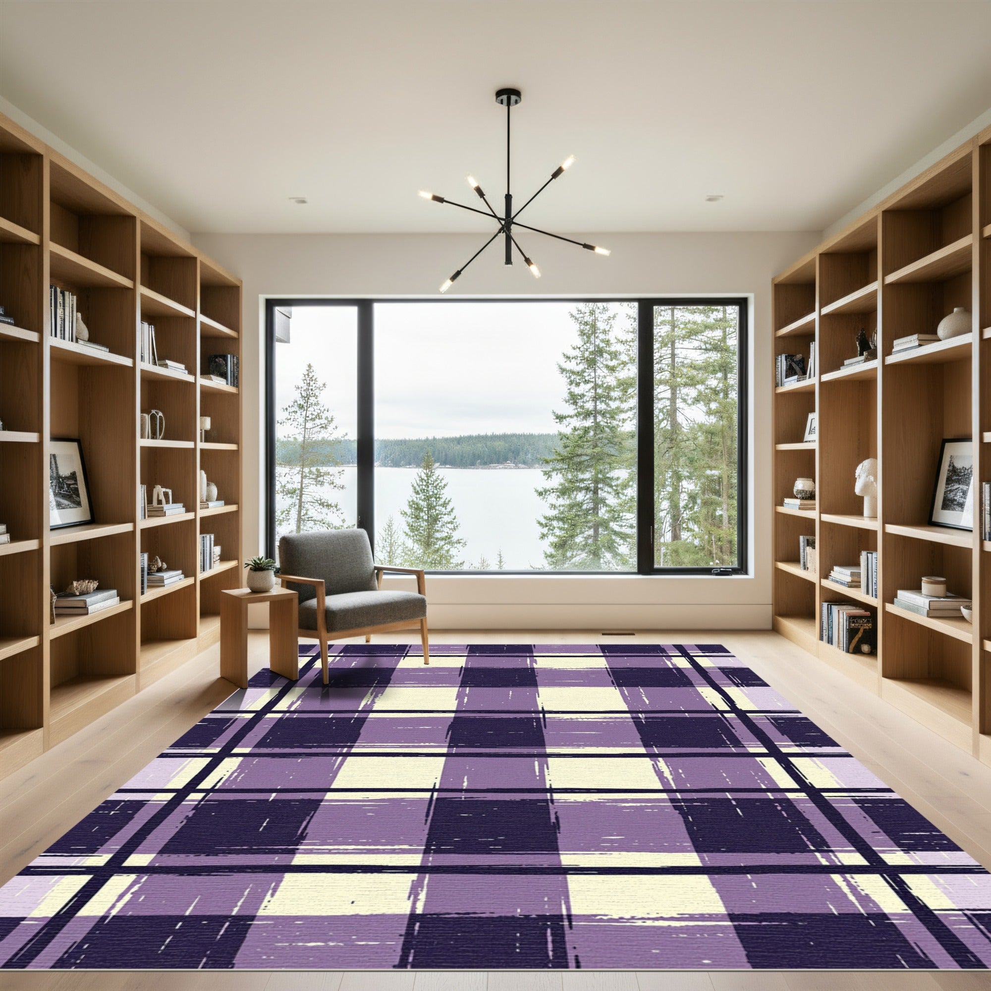 Purple Cream Brushed Plaid Check Rug