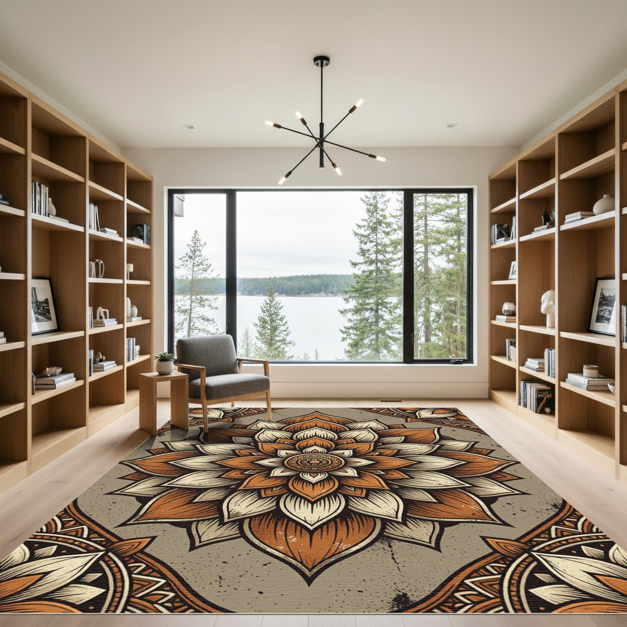Earthy Amber Lotus Mandala Rug