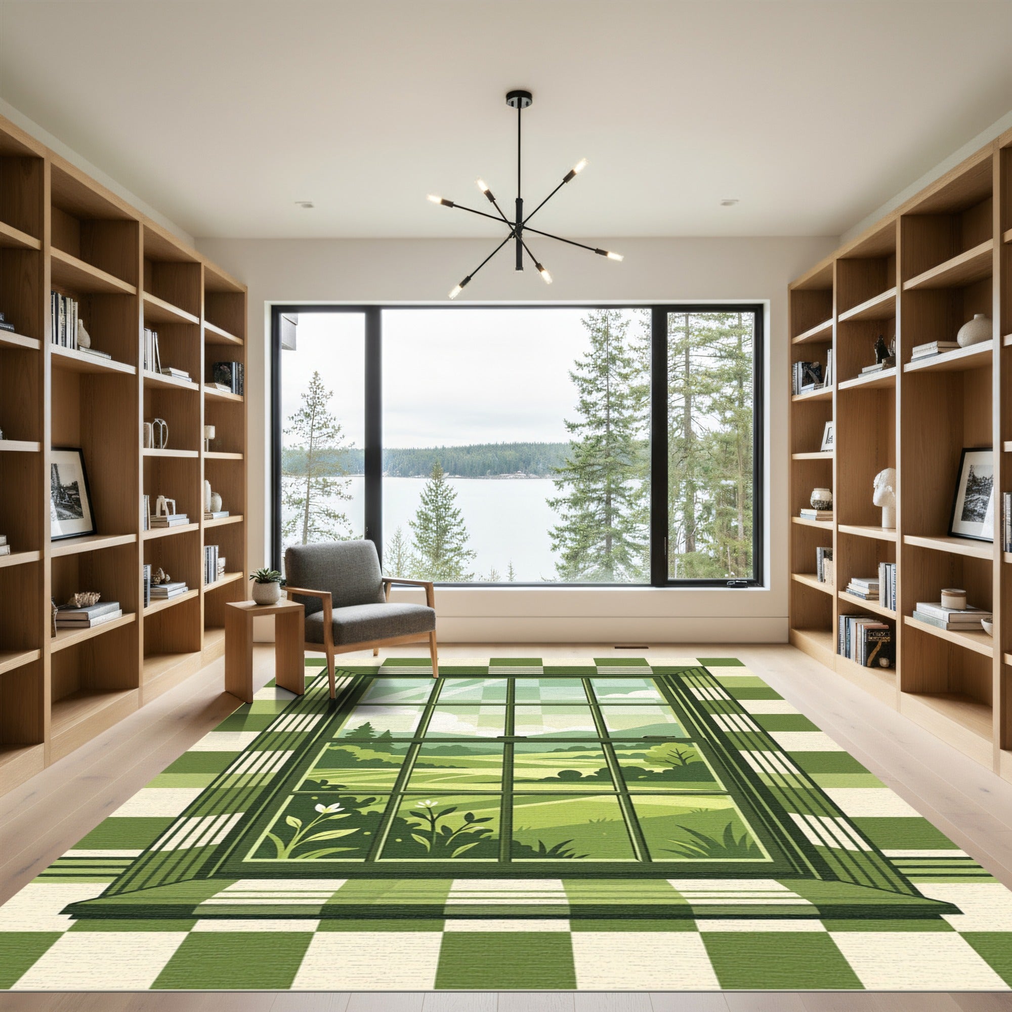 Sage Green Checkered Window Scenic Landscape Rug
