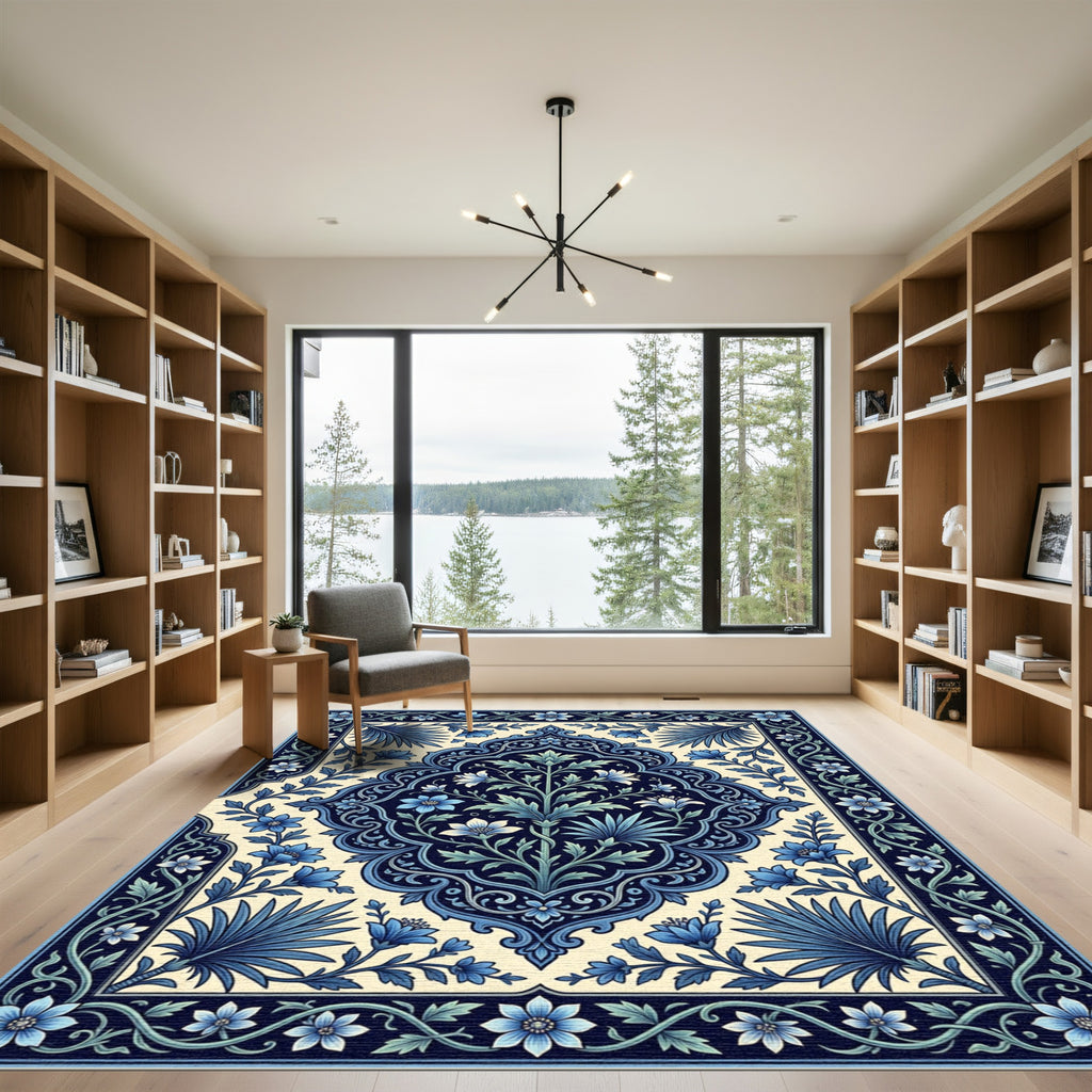 Deep Blue Botanical Scrollwork Medallion Rug