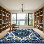 Deep Blue Botanical Scrollwork Medallion Rug