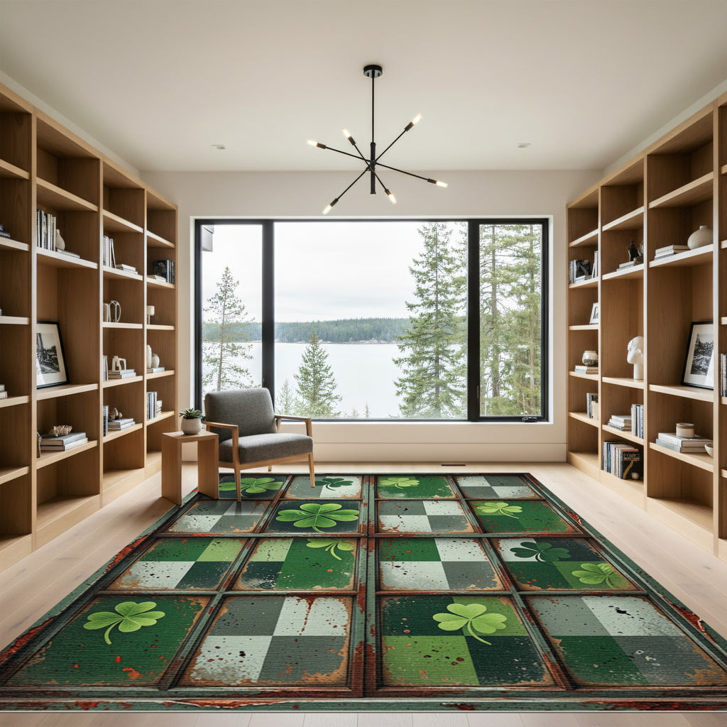 Green Clover Grid Distressed Texture Rug