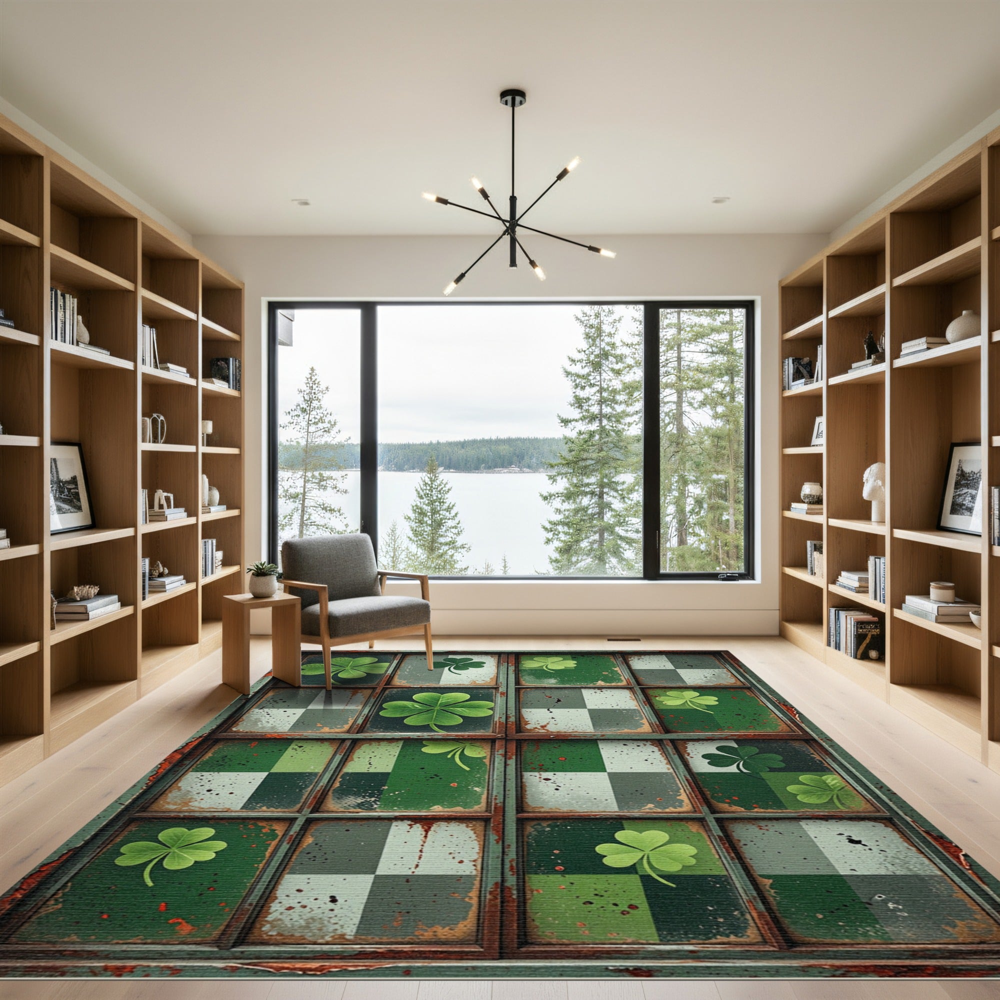 Green Clover Grid Distressed Texture Rug