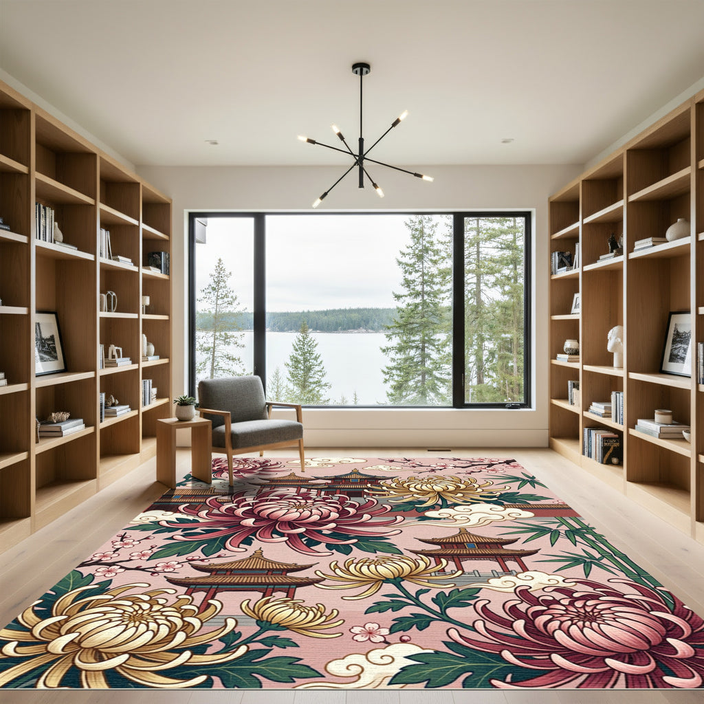 Asian Pagoda Chrysanthemum Garden Scene Rug