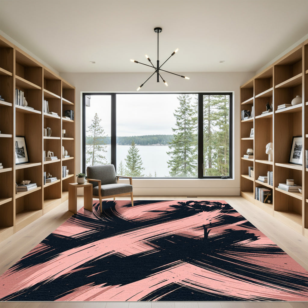 Blush and Black Ink Floral Brushstroke Rug
