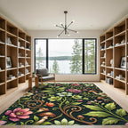 Dark Botanical Floral and Mushroom Scroll Rug
