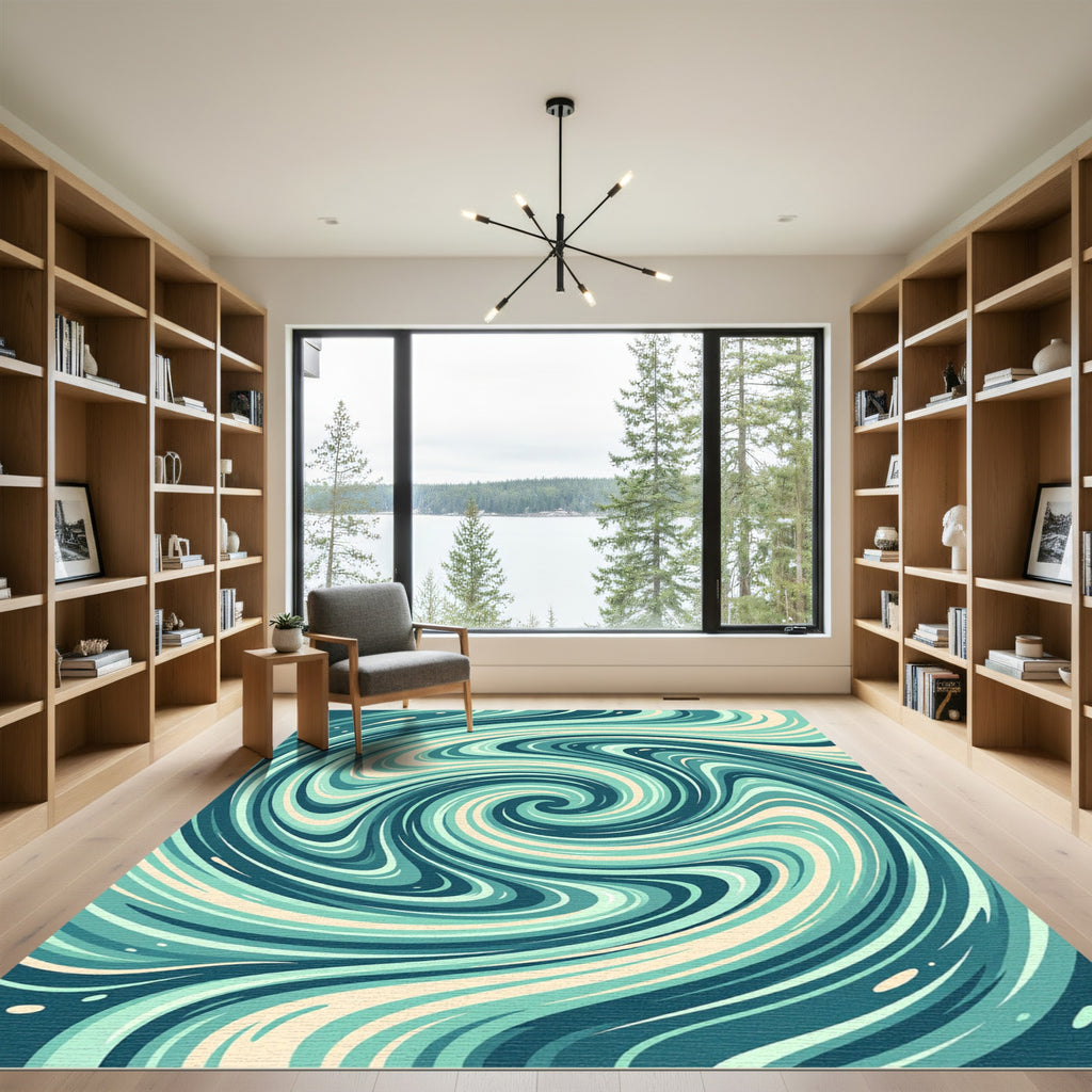 Modern Teal Swirl Abstract Vortex Rug