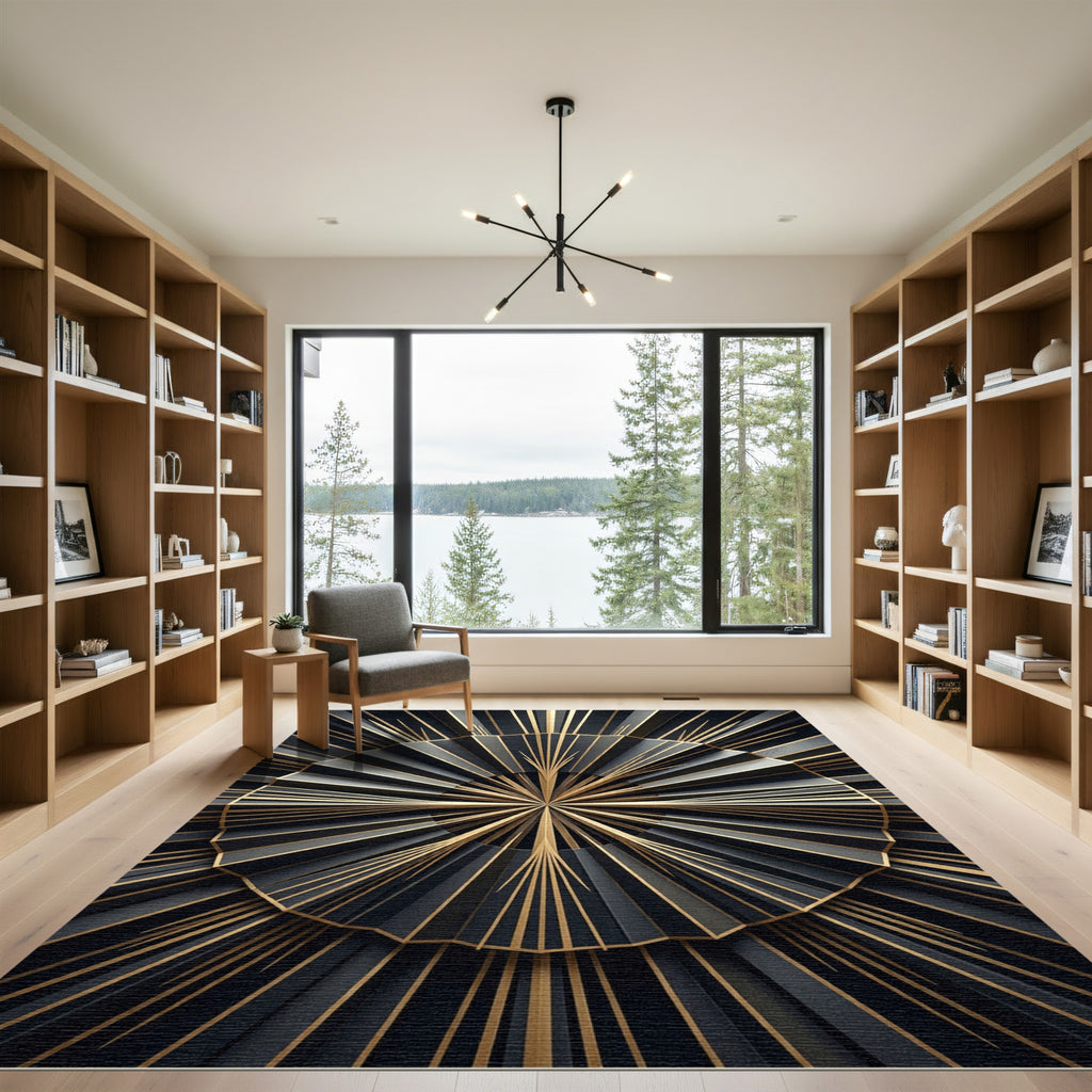 Dramatic Black Gold Art Deco Sunburst Rug