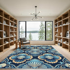 Elegant Navy Blue Shell Coastal Symmetry Rug