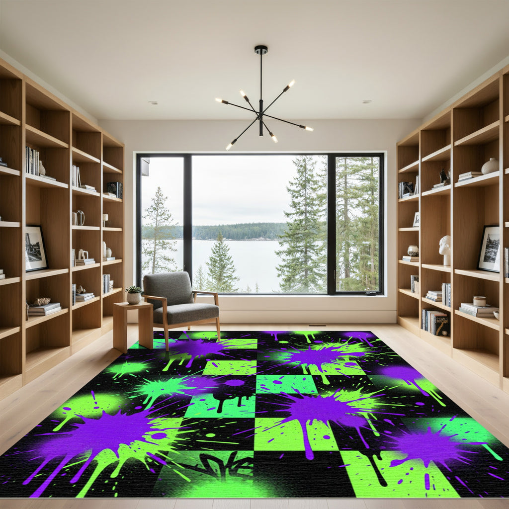 Neon Purple Green Splatter Checkered Rug